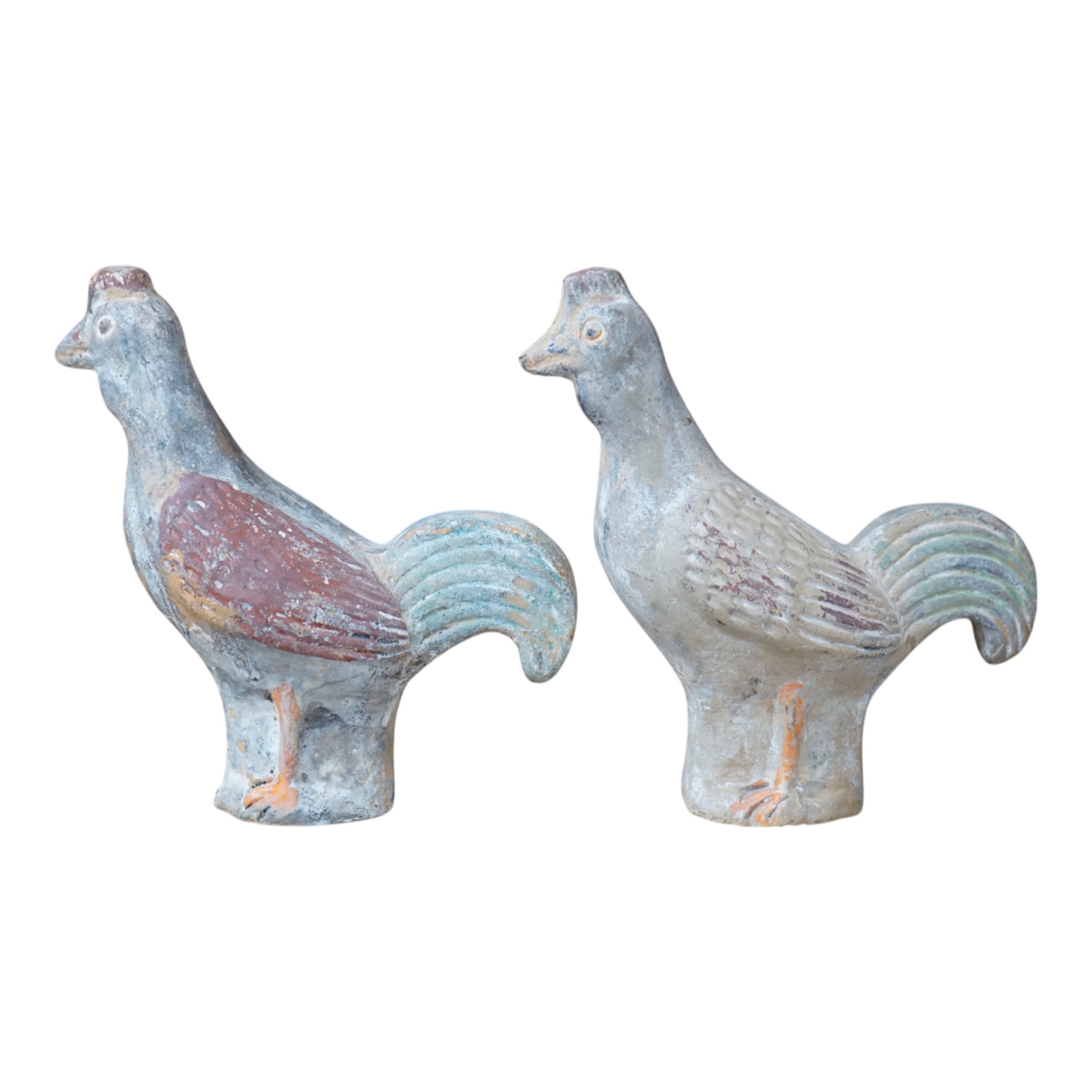 A pair of Chinese pottery figures of cockerels, Han Dynasty or later, height 17cm. Condition - fair